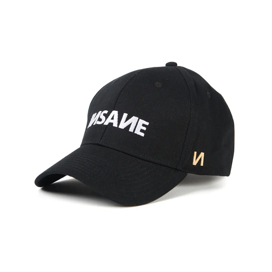 BLACK INSANE BASEBALL CAP WITH WHITE INSANE EMBROIDERY.